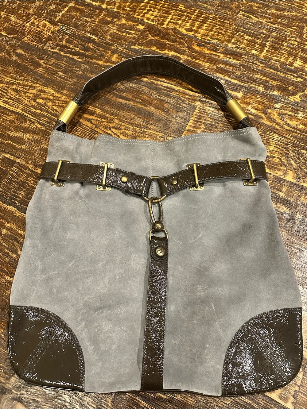 Kate Landry Gray Suede Shoulder Bag with Dark Gray patent Leather Trim